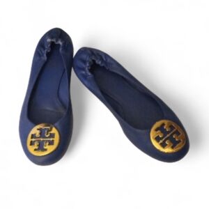 Tory Burch Deep Blue Leather Ballet Flats with Gold Emblem 8 1/2